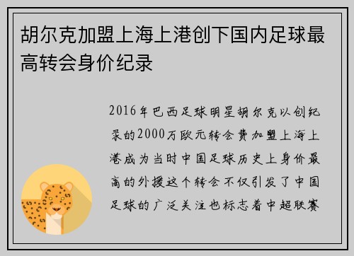 胡尔克加盟上海上港创下国内足球最高转会身价纪录