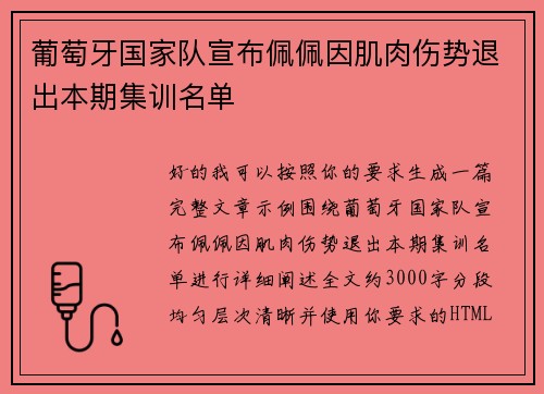 葡萄牙国家队宣布佩佩因肌肉伤势退出本期集训名单